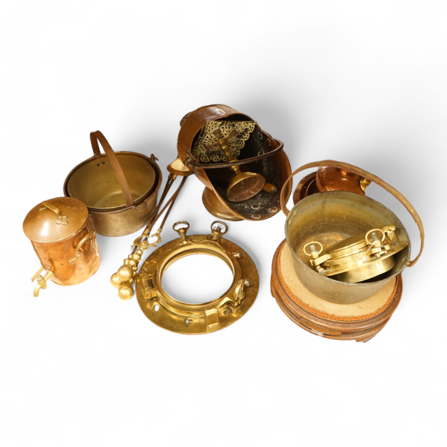 Assorted Victorian and later copper and brassware including two ships portholes, copper kettle pots, etc (16). Large porthole 36cm diameter